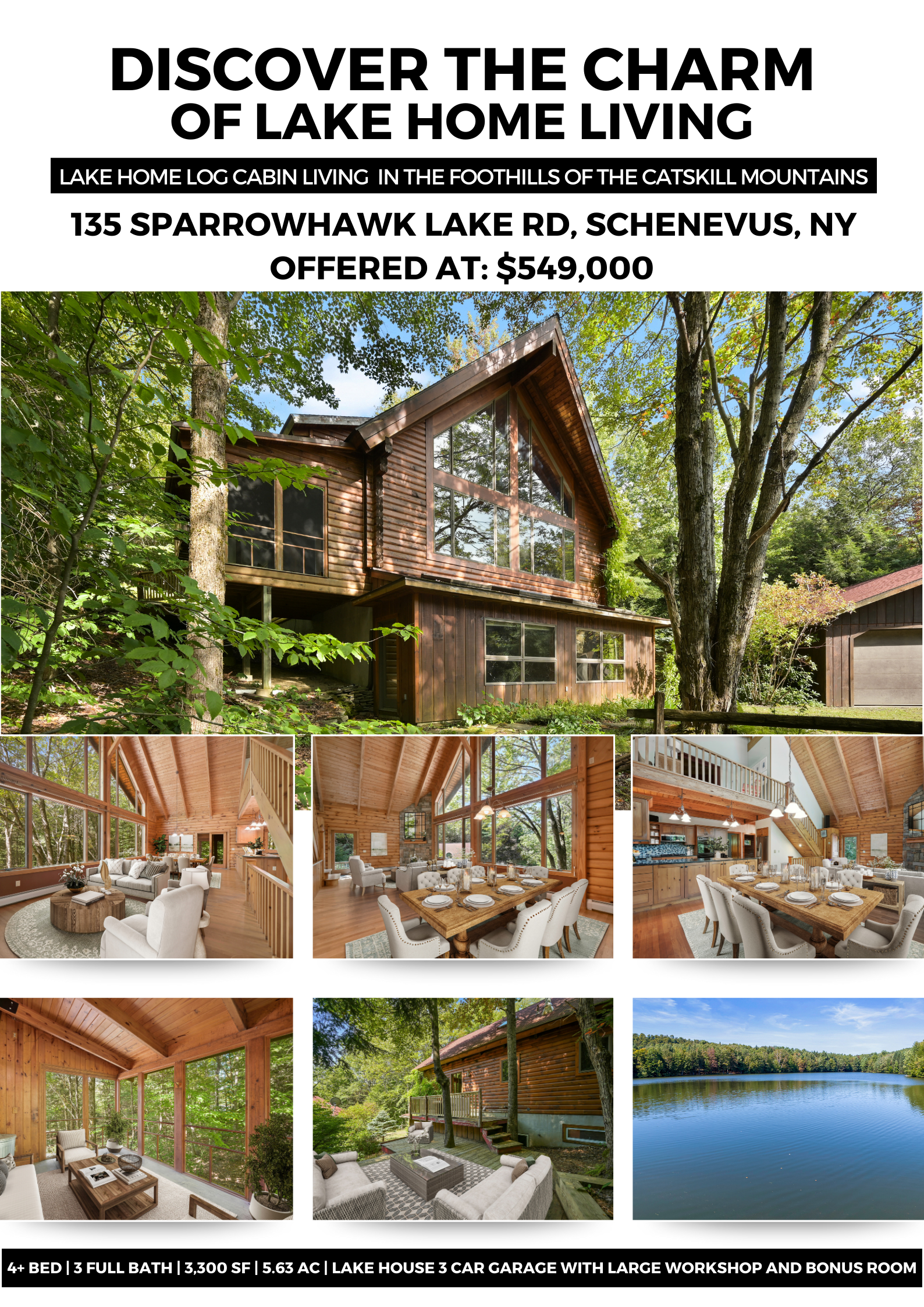 Here’s an SEO-optimized alt text specifically for your website: "Lake house for sale at 135 Sparrowhawk Lake Rd, Schenevus, NY: 4+ BD, 3 BA, 3,300 SF home on 5.63 acres in Otsego County. Features include a chef’s kitchen, granite countertops, screened porch, large deck, private yard, and lake access. Perfect for outdoor activities such as swimming, fishing, and ice skating. Located near Cooperstown and Albany, this property offers serene country living with convenient access to city amenities. Listed at $549,000." This version emphasizes keywords to help improve search rankings while providing a detailed description for potential buyers browsing your website.