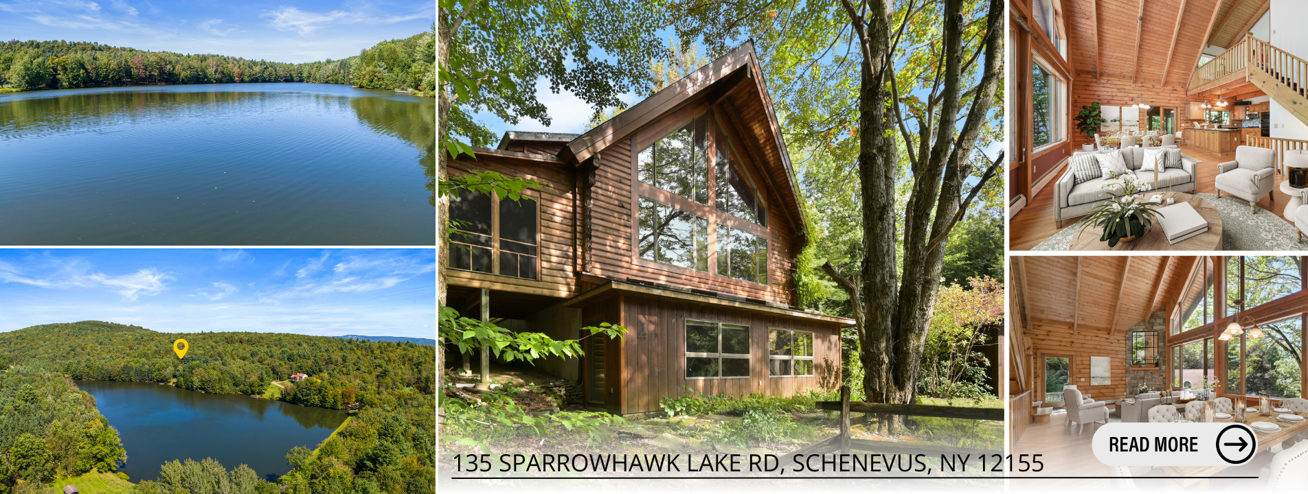 Lake house for sale at 135 Sparrowhawk Lake Rd, Schenevus, NY: 4+ BD, 3 BA, 3,300 SF home on 5.63 acres in Otsego County. Features include a chef’s kitchen, granite countertops, screened porch, large deck, private yard, and lake access. Perfect for outdoor activities such as swimming, fishing, and ice skating. Located near Cooperstown and Albany, this property offers serene country living with convenient access to city amenities. Listed at $549,000.